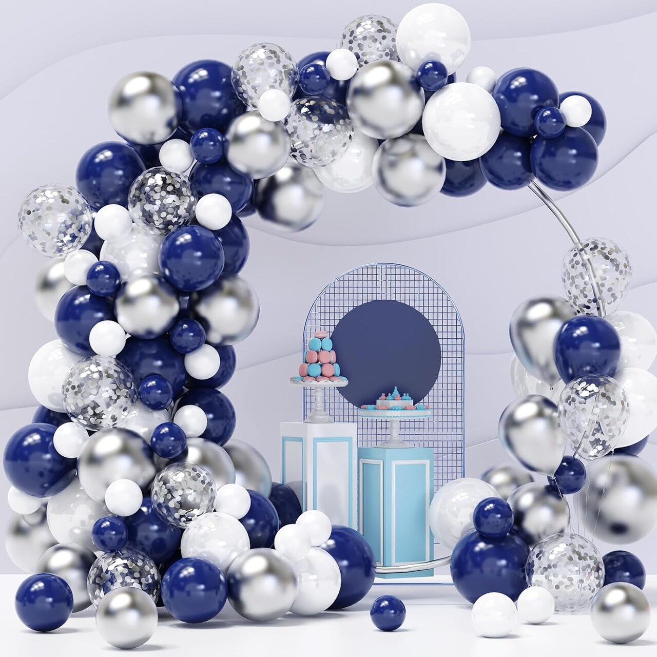 Blue Silver Balloons Garland Kit, 120 pcs Navy Blue and Silver Confetti White Balloons Arch for Graduation, Birthday Party, Wedding DIY Decoration